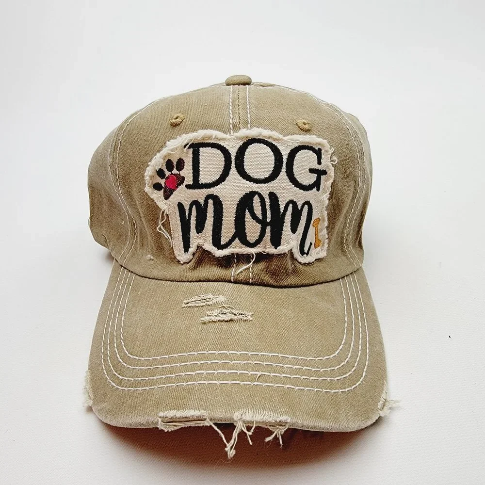 Dog Mom Distressed Relaxed Cotton Buckle Strap Full Cover Baseball Hat Cap Brown